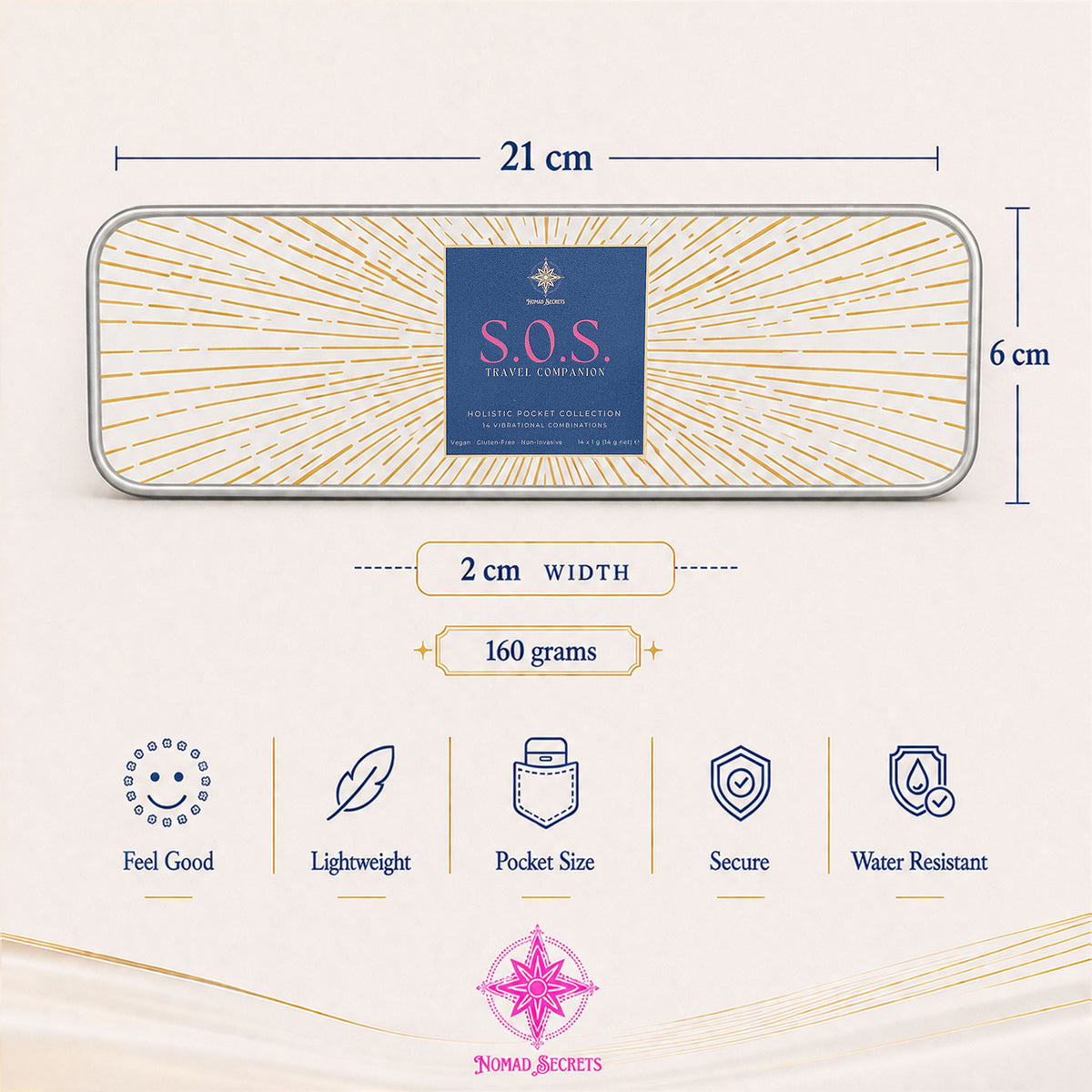 Specification overview of the Nomad Secrets S.O.S. Travel Companion metal case