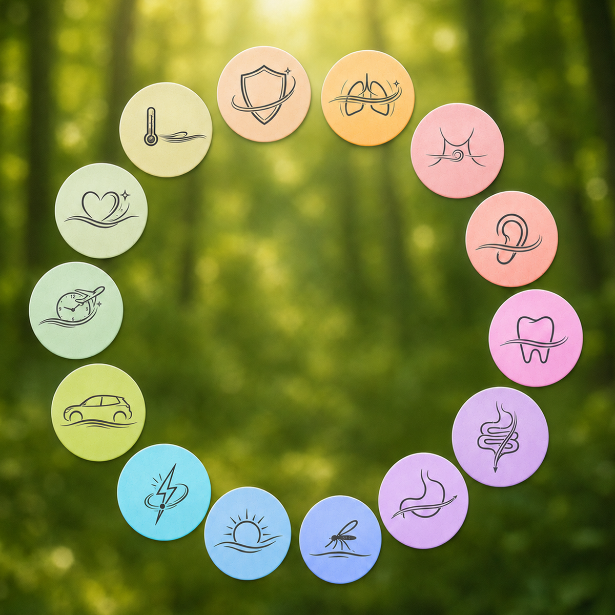 Nomad Secrets emoticons for saccharose pellets arranged in a circle against a forest background