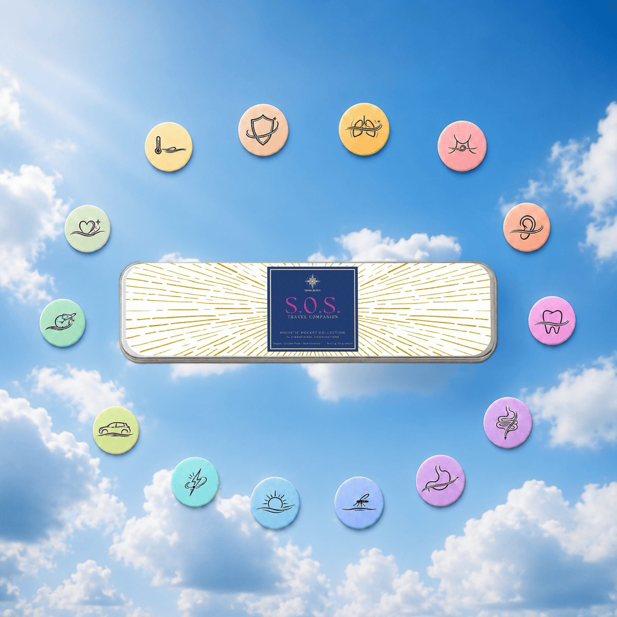 Nomad Secrets S.O.S. Travel Companion metal case with saccharose pellets against a sky background