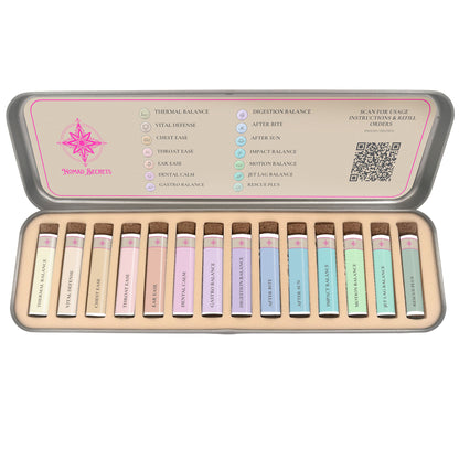 Inside view of the Nomad Secrets S.O.S. Travel Companion showing all 14 vials in the metal case