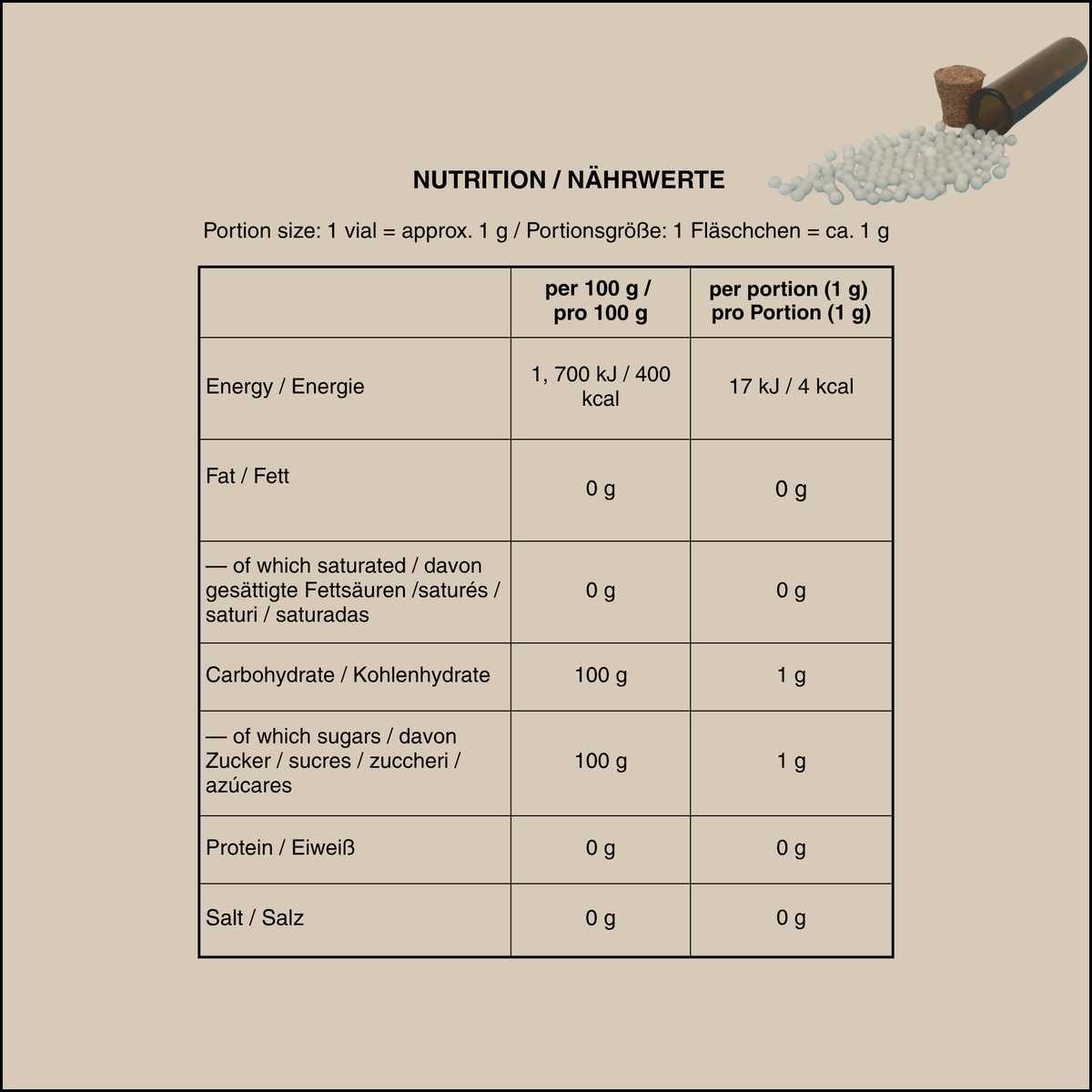Nutritional information panel per 100 g for the Nomad Secrets saccharose pellets