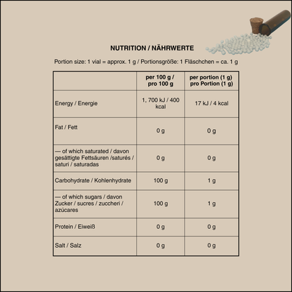 Nutritional information panel per 100 g for the Nomad Secrets saccharose pellets